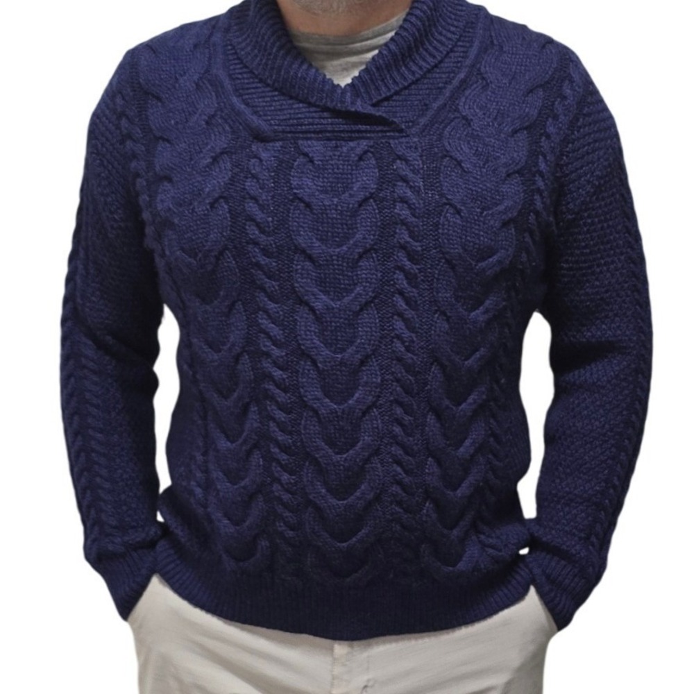 THE ORIGINAL ARAN CO XL Men's traditional irish sweater blue shawl neck sweater